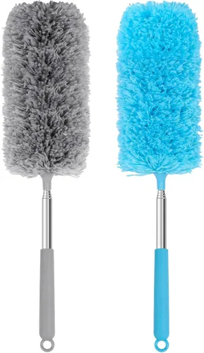 Mini plumero de microfibra para limpieza, plumero de mano con poste de extensión, pequeño plumero lavable para interior de automóvil, oficina, Azul