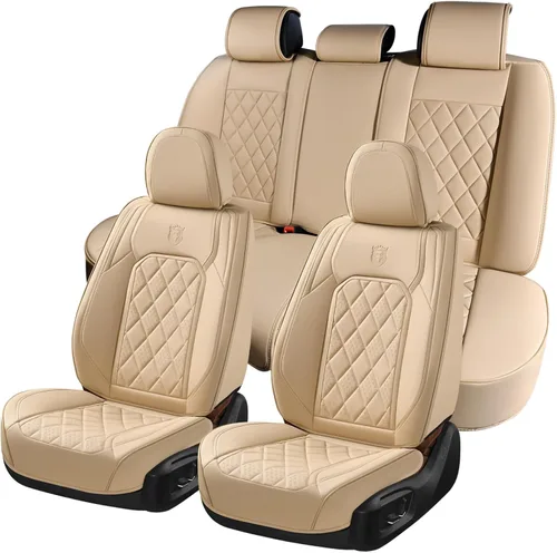 Miniatura 10 de Coverado Fundas de Asientos Delanteros, Funda de Asiento de Cuero Sintético de Lujo Impermeable, Protector de Asiento de Coche Beige, Funda