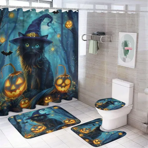 Miniatura 12 de Juego de 4 cortinas de ducha divertidas con diseño de gato, calabaza, luna, con alfombras, tapa de inodoro y tapete de baño, farol de Halloween