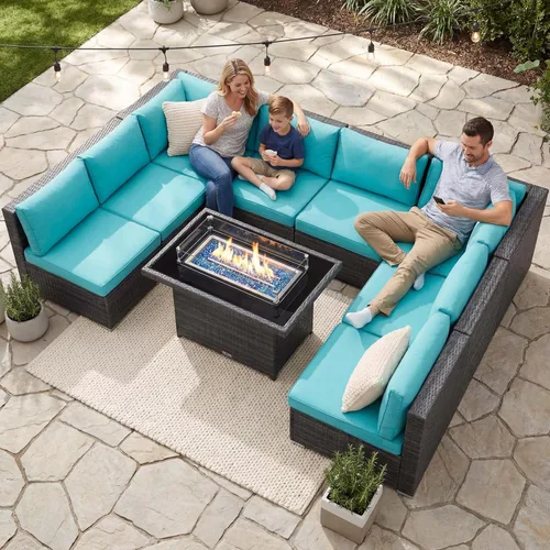 Miniatura 10 de NICESOUL Juego de muebles de patio para exteriores de 7 piezas con mesa para hoguera, gas natural y propano convertible, respaldo alto de 29.3