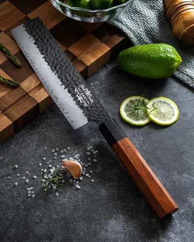 Miniatura 8 de FAMCÜTE Cuchillo Nakiri grabado personalizado de 7 pulgadas, forjado a mano, cuchillo de chef japonés de acero 9CR18MOV de 5 capas con mango