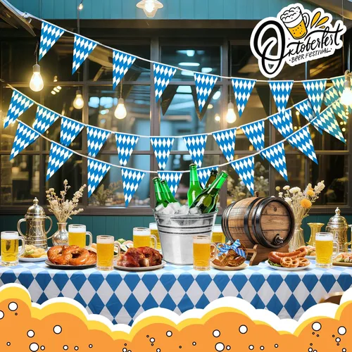 Miniatura 5 de Bandera de cuadros bávaros de Oktoberfest de 118 pies, banderín bávaro grande para Oktoberfests alemanes para decoración de fiestas temáticas