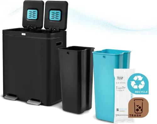 Home Zone Living CleanAura - Bote de basura de cocina de 16 galones con compartimentos dobles para reciclaje, control de olores, acero inoxidable,