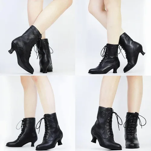 Miniatura 5 de SaraIris Womens Ankle Boots Mid Calf Boots Gothic Chunky Heel Lace Up Mesh Vintage Round Toe Knight Boots Witch Boots for Women