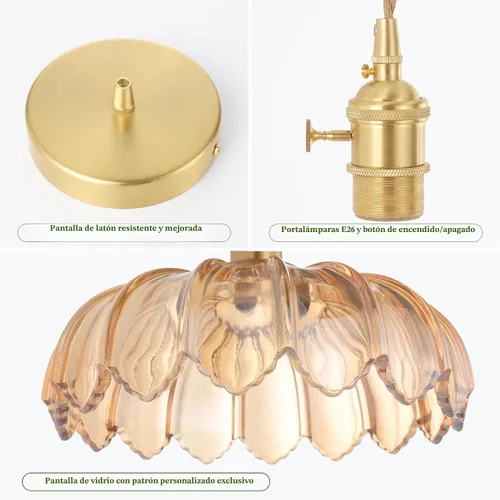 Miniatura 4 de Shenmoyl Lámpara Colgante con Cubierta de Vidrio Ámbar Scindapsus, Lámpara Colgante de Latón Vintage Ajustable para Isla de Cocina, Comedor, Pasillo
