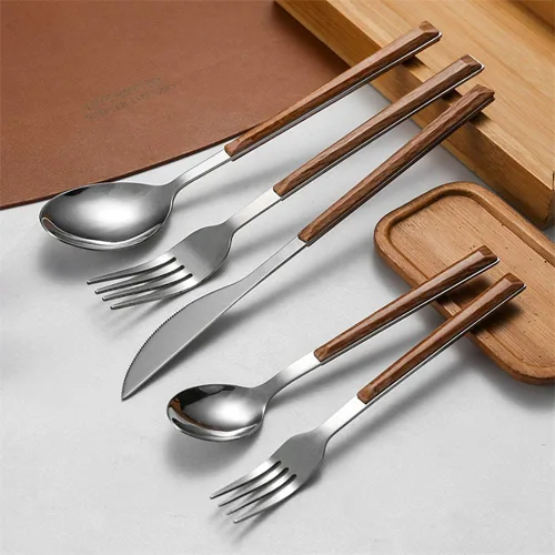 Miniatura 7 de Juego de cubiertos de madera para 6 cubiertos de acero inoxidable, mango de grano de madera, juego de cubiertos de 30 piezas, incluye cuchillos