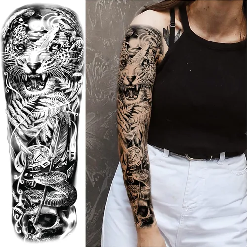 Miniatura 4 de Adhesivos de manga de tatuajes falsos de lobo león, brazo completo, dragón animal, tribal, mangas temporales de tatuaje para hombres, mujeres