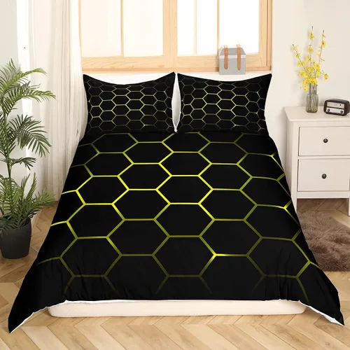 Miniatura 29 de Funda de edredón de panal para niños, hombres y niñas, juego de ropa de cama moderno con temática geométrica hexagonal, diseño de cuadrícula