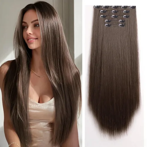 Miniatura 32 de Extensiones de cabello sintético con clip, color burdeos de 18 pulgadas de largo, invisibles, gruesas, extensiones de cabello lacio con clips, 5