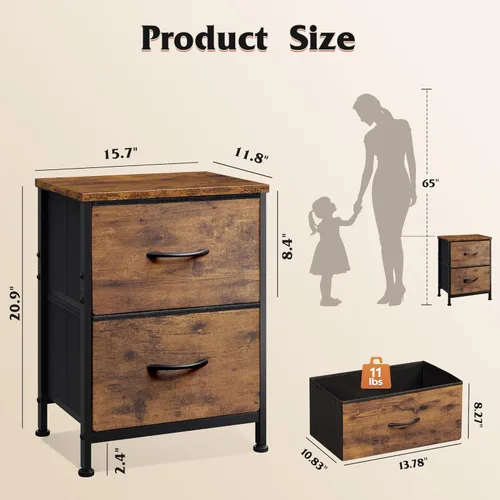 Miniatura 3 de WLIVE - Mesita de noche pequeña con 2 cajones y parte superior de madera, mesita de noche con contenedores de tela, mesa auxiliar para dormitorio