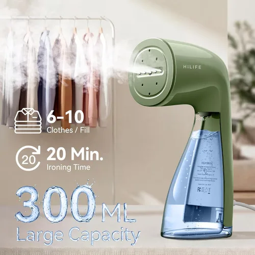 Miniatura 6 de HiLIFE Vaporizador para ropa, Vaporizador de 1100W con tanque grande de 300ml, Vaporizador de ropa de mano, Removedor de arrugas de tela