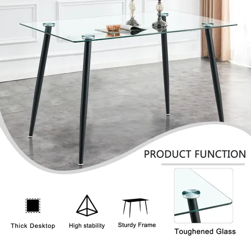 Miniatura 5 de Baysitone Mesa de comedor de cristal para 4 personas con tapa de vidrio rectangular transparente de 51 pulgadas, muebles de cocina de vidrio Negro