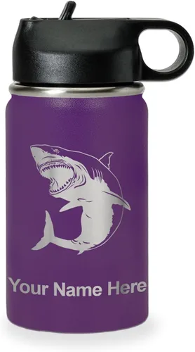 Miniatura 36 de LaserGram Botella de agua personalizada, gran tiburón blanco, acero inoxidable de doble pared aislada al vacío con popote superior, regalo grabado