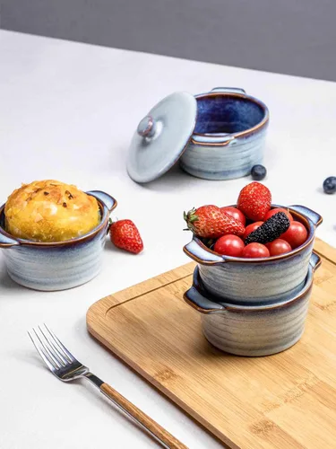 Miniatura 6 de Henten Home Ramequines de cerámica de 8 onzas con tapa, mini cocotte de porcelana con asa, juego de 4, cazuelas de esmalte reactivo para hornear