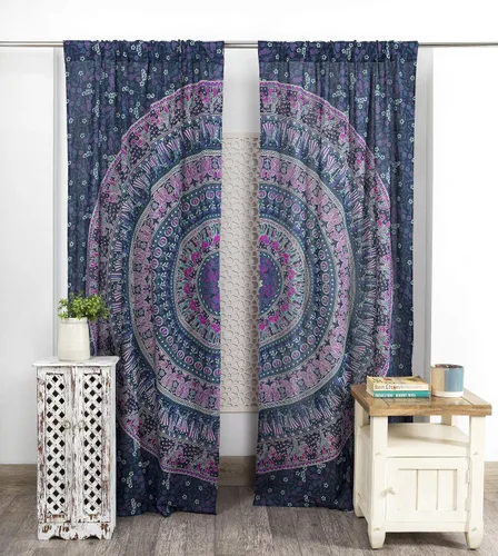 Miniatura 12 de Popular Handicrafts Cortinas hippie azul con mandala de camello de 100 pulgadas de largo para sala de estar o dormitorio, juego de 2 paneles
