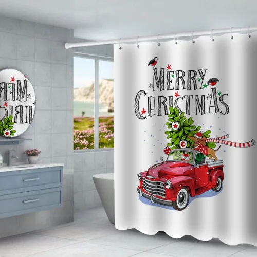 Miniatura 2 de Juego de 4 cortinas de ducha con alfombra antideslizante, cubierta para tapa de inodoro y tapete de baño, cortina de ducha de Papá Noel con 12