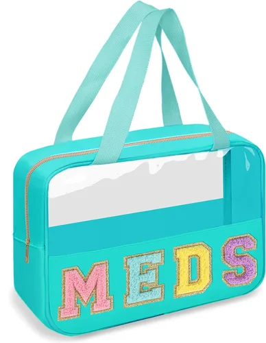 Miniatura 11 de Iqimott Bolsa de parche de felpilla con letras MEDS transparente, bolsa de maquillaje portátil de preparación para mujeres y niñas, viajes, bolsa
