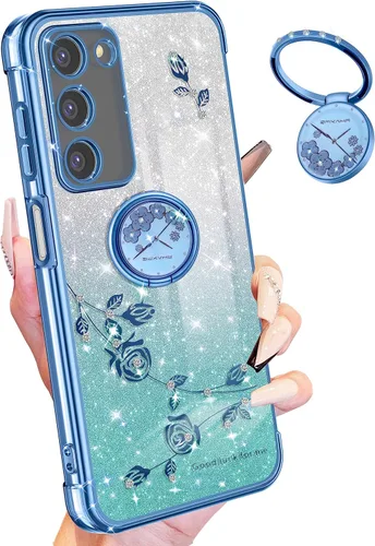Miniatura 19 de Funda para Samsung Galaxy S22 Ultra con purpurina brillante para mujeres y niñas, cubierta de teléfono morada, diseño floral con anillo de flores