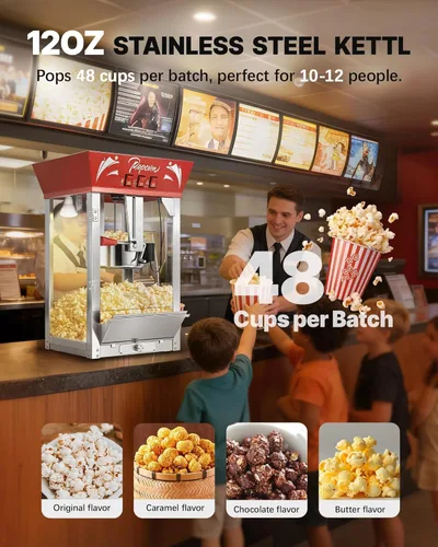 Miniatura 2 de Máquina comercial de palomitas de maíz de 12 onzas, 850 W, máquina de palomitas de maíz de cine, máquina de maíz de mesa roja con control de 3 Rojo