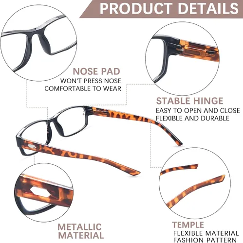 Miniatura 4 de Paquete de 6 lentes de lectura con bloqueo de luz azul, lectores de bisagra de resorte para mujeres y hombres, anteojos anti UV con 6 fundas de cuero