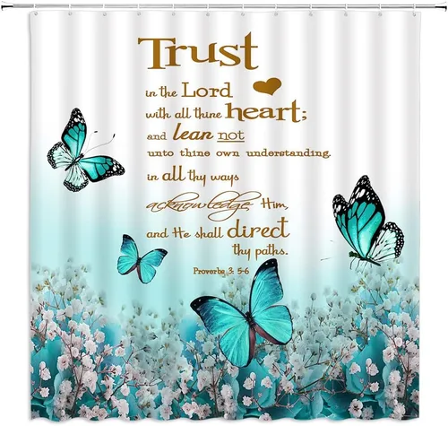 Miniatura 10 de GCTNBJL Cortina de ducha con cita inspiradora, diseño de mariposa y flores azules y verde azulado con texto en inglés "Trust in the Lord