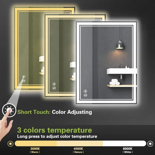 Miniatura 6 de Paquete de 2 espejos LED de 24 x 36 pulgadas para baño, espejo de baño antivaho regulable, función de memoria de 3 colores, espejo de baño