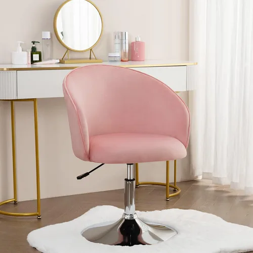 Miniatura 5 de Furnimart Silla de Tocador de Terciopelo con Marco de Cromo, Altura Ajustable y Giratoria, Rosa - Sala de Estar, Dormitorio, Oficina Terciopelo