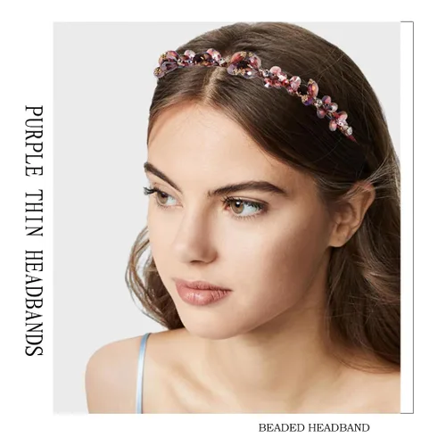 Miniatura 6 de Diademas barrocos de diamantes de imitación púrpura fina banda para el cabello con cuentas de cristal brillante para mujer (morado)