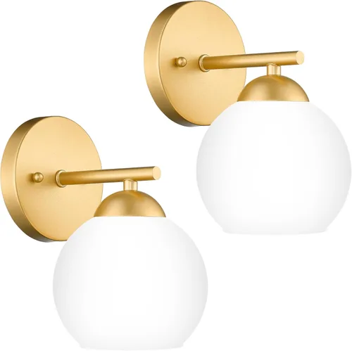 Emak WS114-GD-ML-2PK - Moderno paquete de 2 apliques de pared de globo, luz dorada con pantalla de vidrio de leche para baño, sala de estar, fotos,