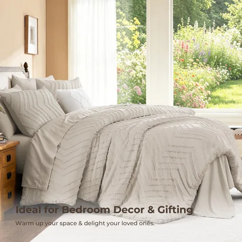 Miniatura 5 de Litanika Juego de ropa de cama con edredón tamaño King con sábanas beige - Juego de 7 piezas en una bolsa, diseño King Chevron copetudo bohemio