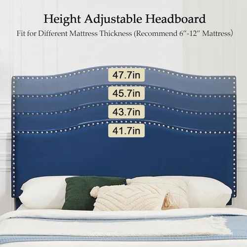 Miniatura 6 de VECELO Base de cama tamaño Queen, base de cama de plataforma con cabecera tapizada de altura ajustable, marcos resistentes y fuerte soporte