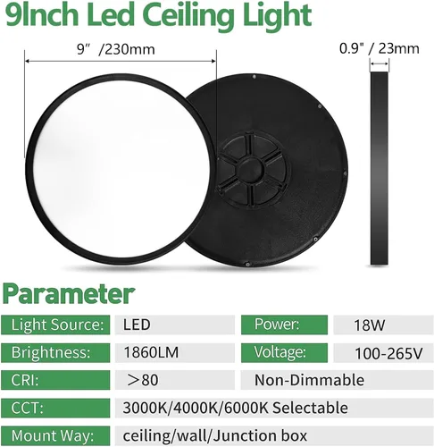 Miniatura 5 de 4PK - Lámpara LED de techo empotrada de 9 pulgadas, 18 W, 1860 lm, 3000 K/4000 K/6000 K CCT seleccionable, panel plano redondo de bajo perfil