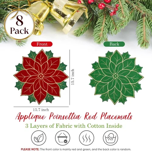 Miniatura 2 de Breling Juego de 6 Manteles Individuales de Navidad de Poinsettia de 16 Pulgadas Redondos Rojos y Verdes con Flores de Poinsettia, Manteles de Mesa