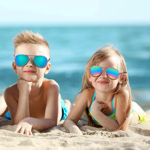 Miniatura 6 de 6 pares de lentes de sol de neón espejados para niños y niñas, lentes de sol polarizados con espejo de metal de los años 70 con marco de metal, gran