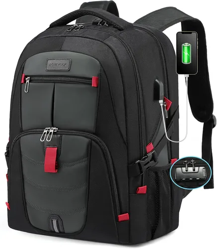 Miniatura 25 de LOVEVOOK Mochila grande de viaje y para laptop, impermeable, antirrobo, con cerradura y puerto de carga USB, para negocios, hombres, mujeres, Negro