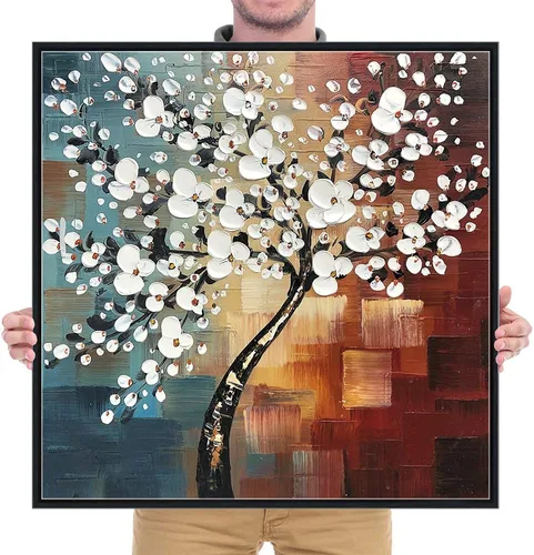 Miniatura 8 de Wieco Art Morning Glory - Arte de pared enmarcado, 24 x 24 pulgadas, 100% pintado a mano, pintura al óleo abstracta de flores blancas, decoración