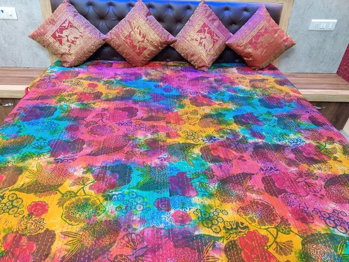 Miniatura 32 de Sophia-Art Colcha reversible de frutas indias para cama individual/king con patrón Gudri de algodón puro estilo Kantha, colcha decorativa con Rosa