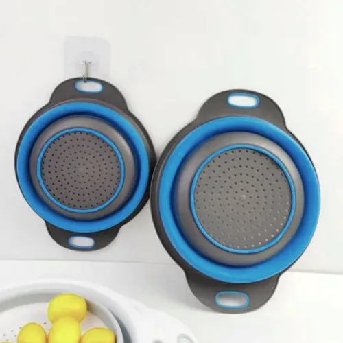 Miniatura 5 de Colador redondo de silicona azul plegable – Colador de cocina plegable pequeño colador plegable azul con asas de plástico para drenar verduras