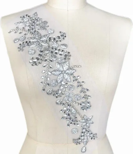 Miniatura 10 de Parches de cristal brillante hechos a mano puro de 3.9 x 16.5 in con diamantes de imitación para coser, apliques con piedras y cuentas de Morado