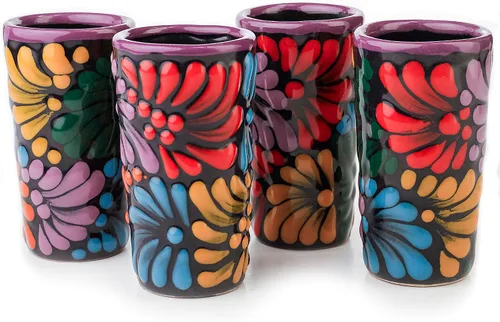 Miniatura 13 de Juego de 4 vasos de chupito Talavera auténticos mexicanos para tequila - Pintados a mano - 2 Oz (Flores naranjas)