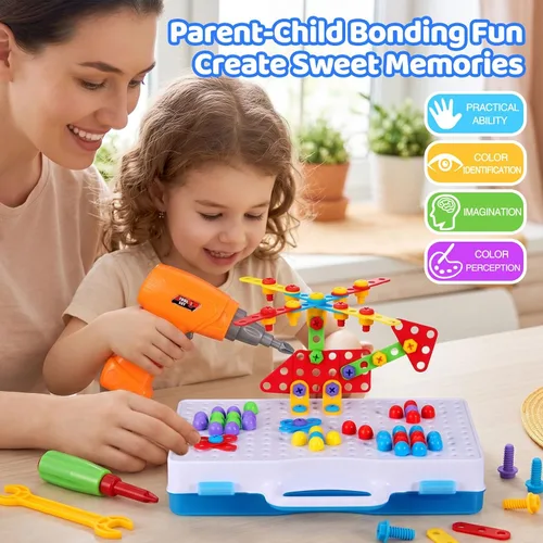 Miniatura 2 de 224 juguetes de construcción STEM para niños de 4 a 8 años, juego creativo de taladro de mosaico con taladro eléctrico y destornillador, kit