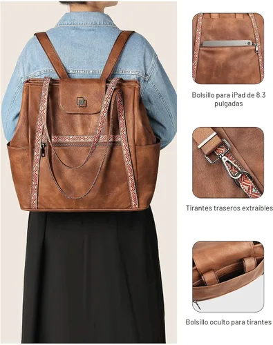 Miniatura 6 de FADEON Bolso Grande para Laptop de Cuero para Mujer, Bolso de Mano de Diseño, Mochila de Viaje a la Moda, Bolso de Hombro 1 estilo retro marrón