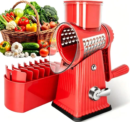 Miniatura 7 de Rallador rotativo de queso con 5 cuchillas bien diseñadas y base de succión fuerte, cortador de verduras de mandolina de cocina con caja