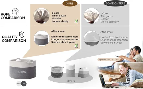 Miniatura 6 de GOCAN Cestas de almacenamiento para organizar D22"H14" Cesta grande de manta para lavandería Cesta de cuerda de algodón tejida para juguetes y Gris