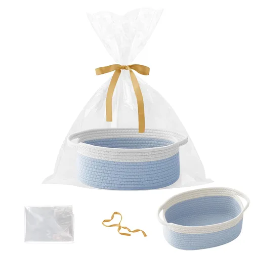 Miniatura 32 de Paquete de 2 canastas pequeñas de cuerda tejida, cesta de regalo vacía con bolsa y cintas, bonita caja organizadora con asa para cumpleaños/baby