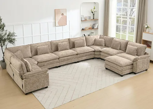 Miniatura 51 de Juego de sofá seccional modular de gran tamaño, sofá de nube convertible de asiento profundo, sofá esquinero grande en forma de L con cojines Beige