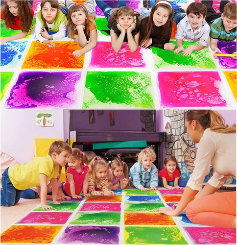 Miniatura 5 de Azulejos sensoriales para suelo, paquete de 4 (11.8 x 11.8 pulgadas cada uno), tapete de juego de azulejos líquidos coloridos para niños