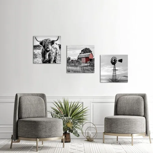 Miniatura 4 de Juego de 3 impresiones artísticas en lienzo en blanco y negro para pared, diseño de granero, bandera estadounidense, vacas y molinos de viento