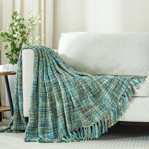 Miniatura 8 de Manta Throw de Punto de Cable Verde Multicolor para Sofá, 50"X60" Manta Texturizada Estilo Bohemio para Decoración del Hogar, Manta de Punto Grueso