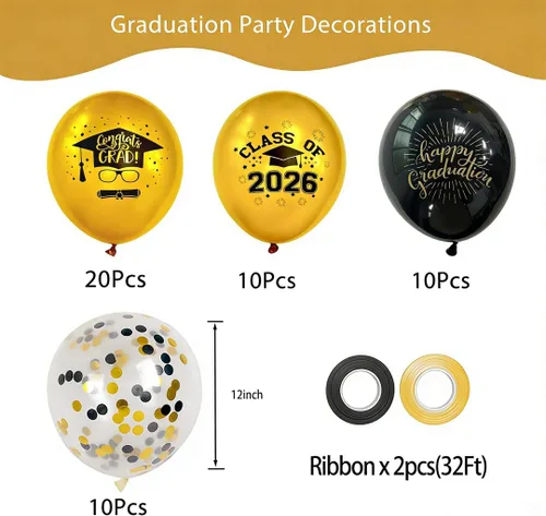 Miniatura 2 de Globos de graduación 2025 para fiesta de graduación, 50 globos de 30 cm negros y dorados de látex para graduación, globos de fiesta de graduación
